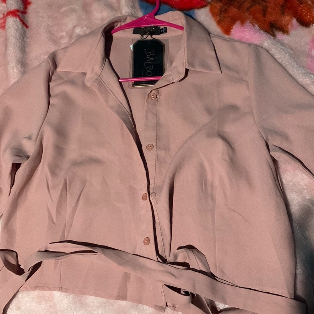 Pink cropped button up with back tie